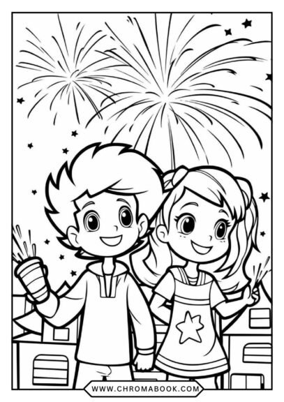 A festive Happy New Year coloring page featuring intricate designs of fireworks, stars, and celebratory elements. Free printable!