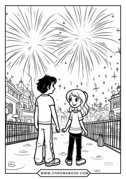 A festive Happy New Year coloring page featuring decorative fireworks, stars, and a cheerful 2023 banner, perfect for a free printable activity.