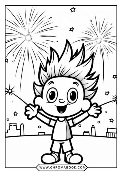 A festive Happy New Year coloring page featuring celebratory fireworks, champagne glasses, and stars, perfect for a free printable activity.