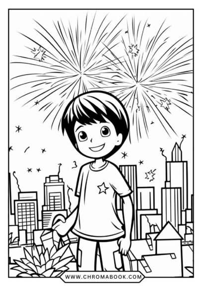 A festive Happy New Year coloring page featuring intricate fireworks and celebratory elements, ideal for free printable fun.