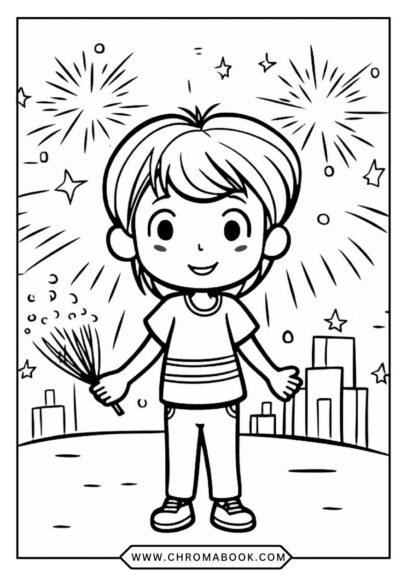 A festive Happy New Year coloring page featuring intricate designs of fireworks, champagne glasses, and stars. Free printable!