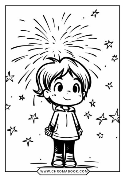 A festive Happy New Year coloring page featuring intricate fireworks and celebratory elements, perfect for a free printable activity.