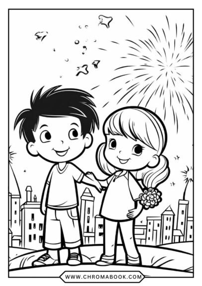 A festive Happy New Year coloring page featuring intricate fireworks and stars, perfect for celebrating! Free printable design.