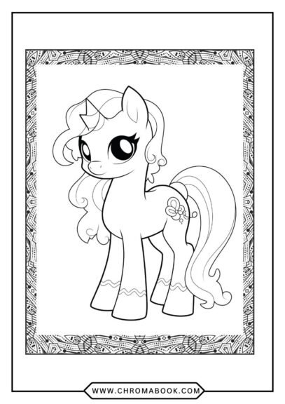 A whimsical Little Pony coloring page featuring adorable ponies surrounded by flowers and stars, perfect for a free printable activity.