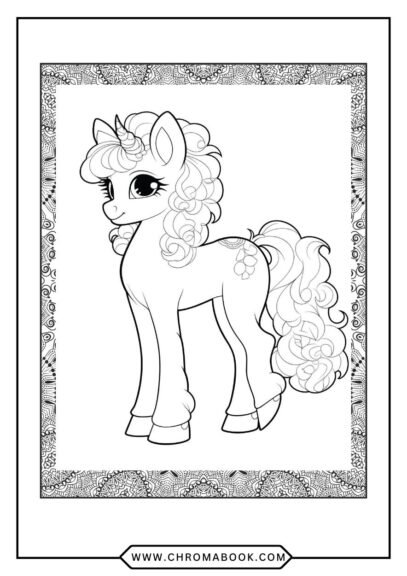 A whimsical Little Pony coloring page featuring playful ponies surrounded by flowers and stars. Free printable for creative fun!