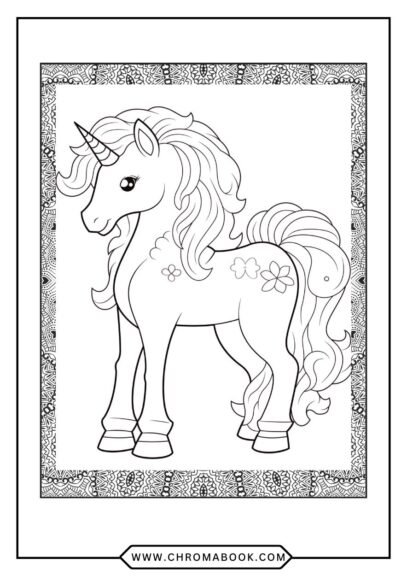 A whimsical Little Pony coloring page featuring playful ponies surrounded by flowers and stars, perfect for a free printable activity.