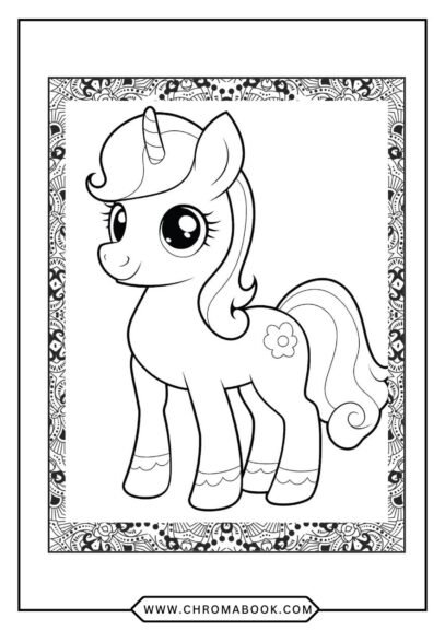 A whimsical Little Pony coloring page featuring playful ponies in a magical landscape, perfect for kids. Free printable!