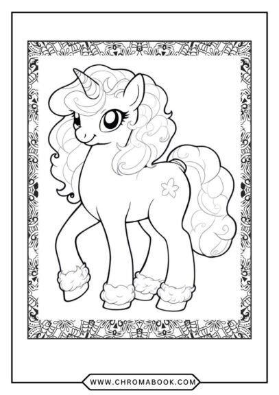 A whimsical Little Pony coloring page featuring playful ponies surrounded by flowers and stars, perfect for kids. Free printable!