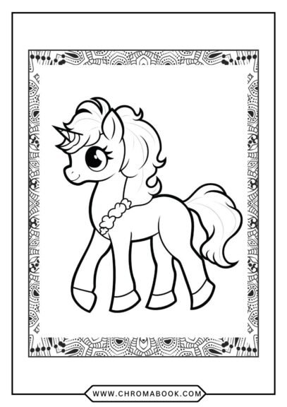 A whimsical Little Pony coloring page featuring playful ponies in a magical landscape, perfect for kids. Free printable!