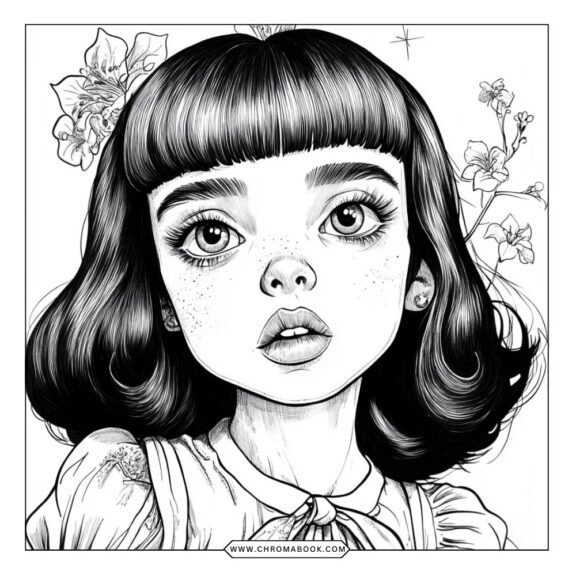 A whimsical Melanie Martinez coloring page featuring playful characters and dreamy motifs, perfect for a free printable art session.