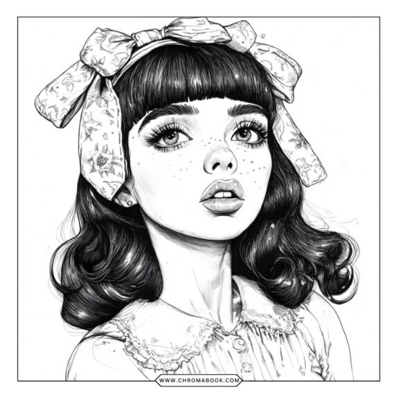 A whimsical Melanie Martinez-themed coloring page featuring playful characters and intricate designs, perfect for a free printable activity.