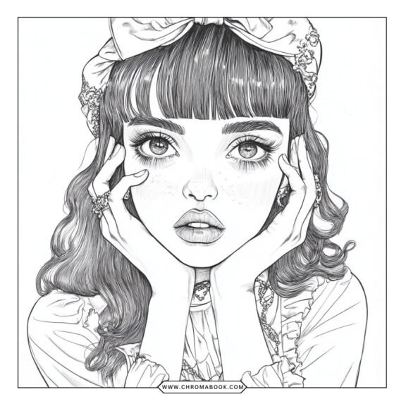 A whimsical Melanie Martinez-themed coloring page featuring playful characters and intricate designs, perfect for a free printable activity.