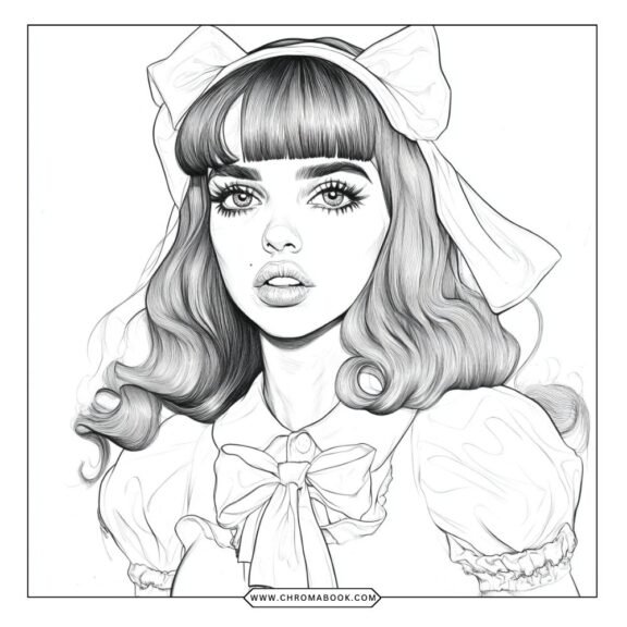 A whimsical Melanie Martinez coloring page featuring playful characters and intricate patterns, perfect for creative fun. Free printable!