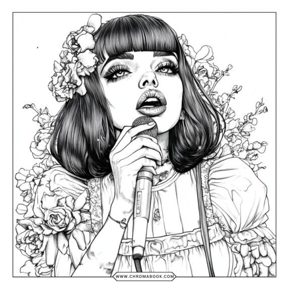 A whimsical Melanie Martinez-inspired coloring page featuring playful characters and imaginative designs. Free printable!