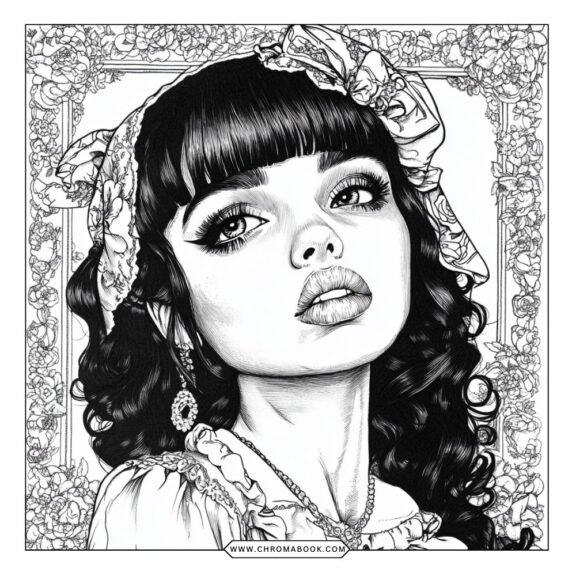 A whimsical Melanie Martinez-themed coloring page featuring playful characters and intricate patterns, perfect for a free printable activity.