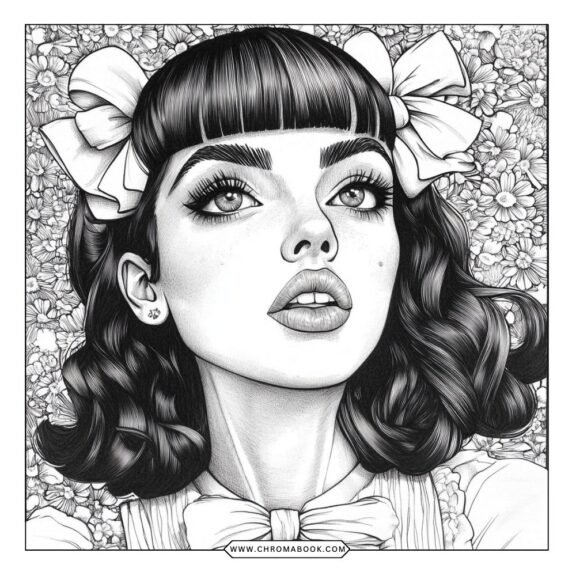 A whimsical coloring page featuring intricate designs inspired by Melanie Martinez, perfect for creativity. Free printable!