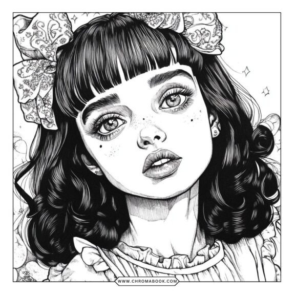 A whimsical coloring page featuring a playful design inspired by Melanie Martinez, perfect for creative expression. Free printable!