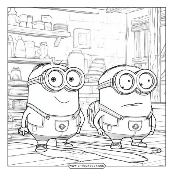 A fun Minions coloring page featuring adorable Minion characters in playful poses, perfect for kids. Free printable for creative fun!