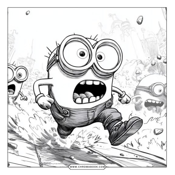 A fun Minions-themed coloring page featuring playful Minions surrounded by whimsical patterns. Free printable for creative coloring!
