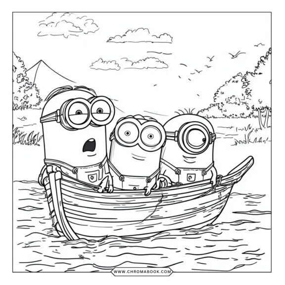 Cheerful Minions in playful poses, surrounded by fun patterns, perfect for creative fun. Free printable coloring page!