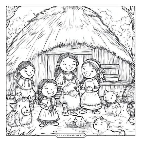 A detailed colonial life scene featuring settlers and traditional homes, perfect for a coloring page. Free printable for creative fun!
