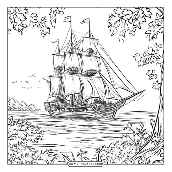 A detailed colonial life scene featuring settlers, a quaint village, and farm animals, perfect for a coloring page. Free printable!