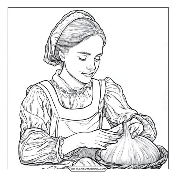 A detailed colonial life scene featuring settlers, a barn, and farm animals—perfect for a coloring page. Download this free printable!