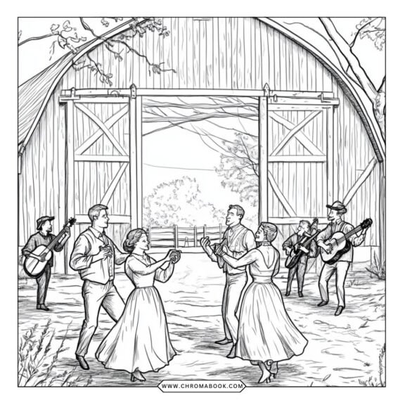 A detailed colonial life scene featuring settlers, a rustic home, and farm animals, perfect for a coloring page. Free printable!