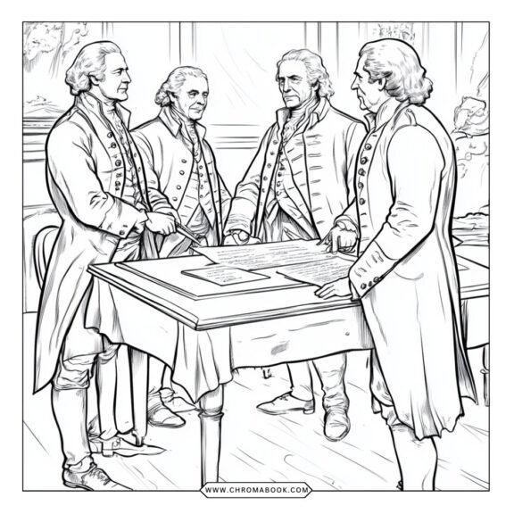 A detailed colonial scene featuring settlers, a barn, and farm animals. Perfect for creativity, this free printable coloring page awaits your colors!