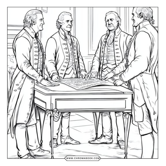 Colonial life scene featuring settlers, a thatched-roof house, and nature elements; perfect for a free printable coloring page.
