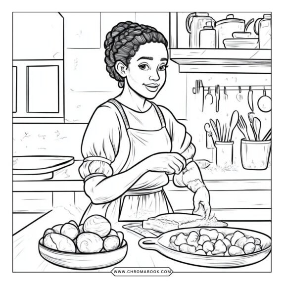 A detailed colonial life scene featuring settlers, farm animals, and crops, perfect for a creative coloring page. Free printable!