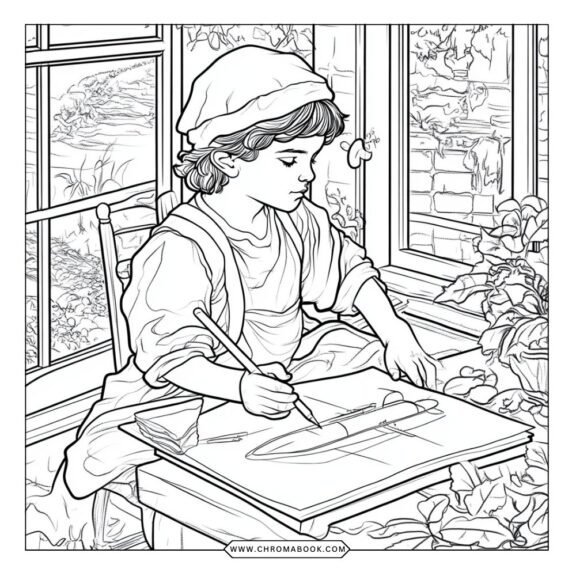 A detailed colonial life scene featuring a quaint village with settlers, houses, and farm animals. Perfect for a free printable coloring page!