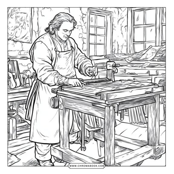 A detailed colonial life scene featuring children playing in a village, surrounded by historical buildings. Free printable coloring page!