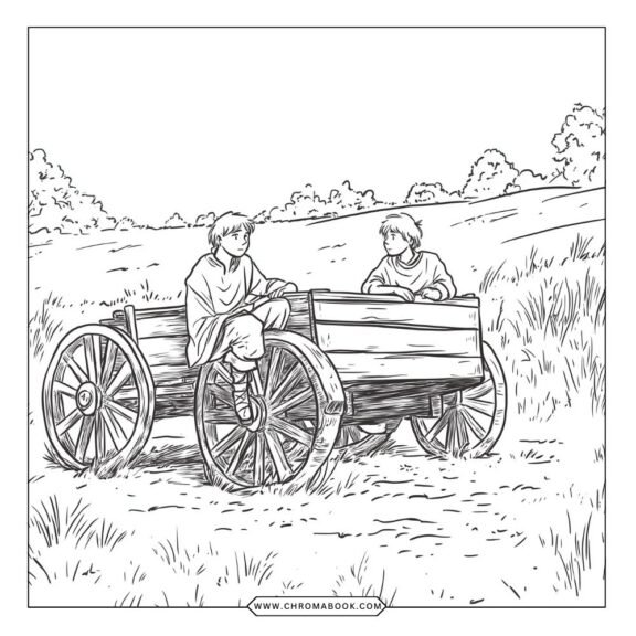 A detailed colonial life scene featuring villagers, traditional homes, and nature elements, perfect for a coloring page. Free printable!