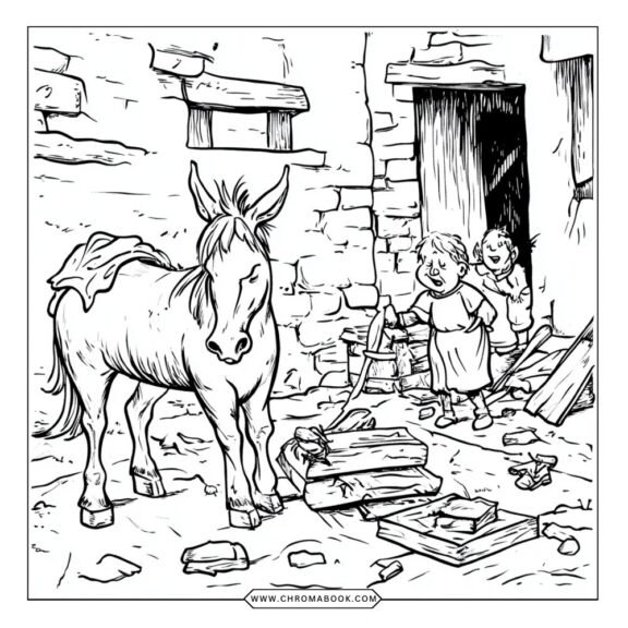 A detailed colonial life scene featuring settlers, farm animals, and a quaint homestead, perfect for a free printable coloring page.