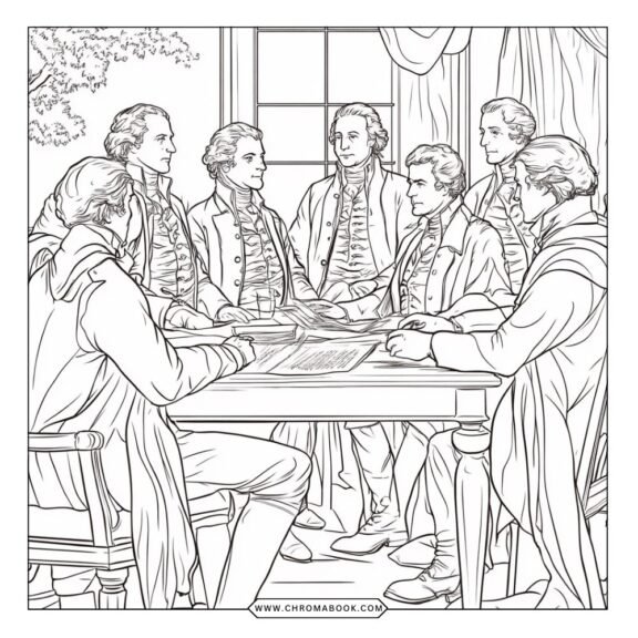 A detailed colonial life scene featuring settlers, farms, and nature, perfect for a creative expression. Free printable coloring page.