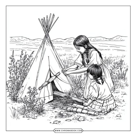 A detailed colonial life coloring page featuring historical scenes and motifs, perfect for creativity. Free printable for all ages!