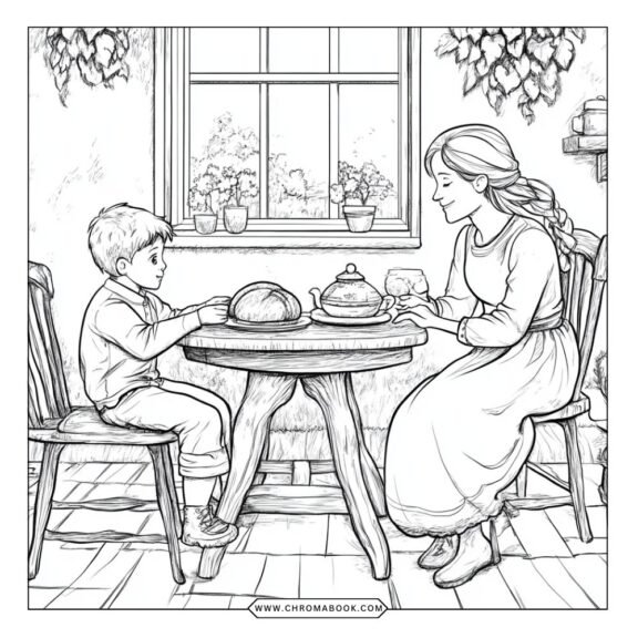 A colonial life coloring page featuring historical figures, traditional homes, and nature scenes, perfect for a free printable activity.