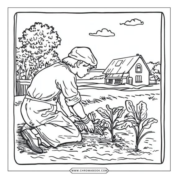A detailed colonial life scene featuring settlers and a rustic homestead, perfect for a coloring page. Free printable for creative fun!
