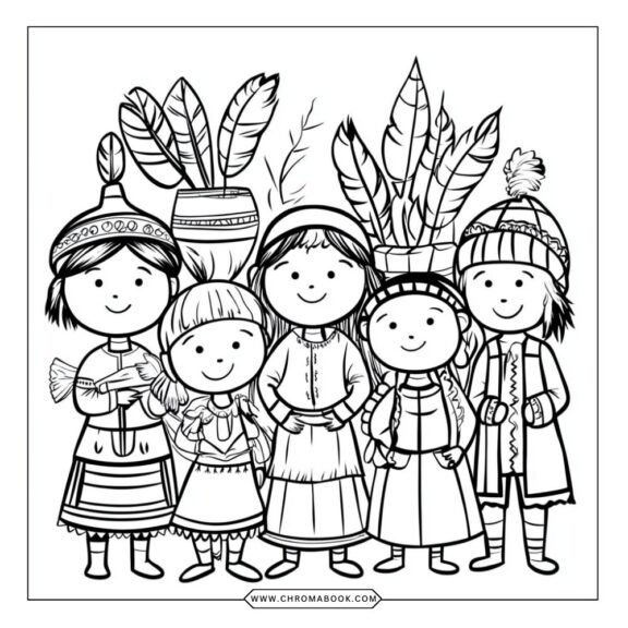 A detailed colonial life scene featuring settlers, farm animals, and traditional homes, perfect for a coloring page. Free printable!