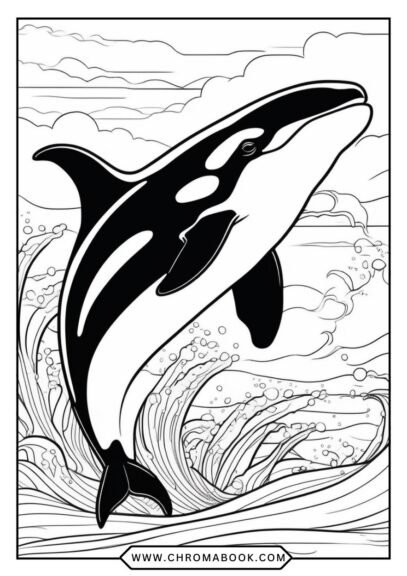A beautiful killer whale swimming gracefully, surrounded by intricate waves and marine patterns. Perfect for a free printable coloring page!