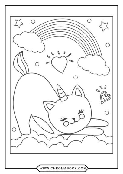 A playful kitten surrounded by whimsical flowers and swirls, perfect for a fun coloring page. Enjoy this free printable design!
