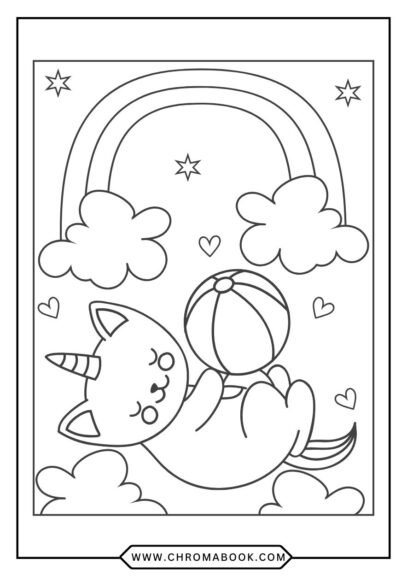 A charming kitten surrounded by playful patterns and whimsical elements, perfect for a fun coloring page; free printable for creative enjoyment!