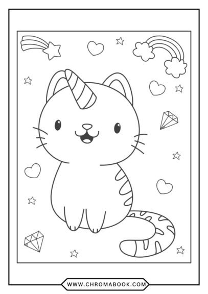 A playful kitten surrounded by whimsical floral patterns, perfect for a fun coloring page. Enjoy this free printable!