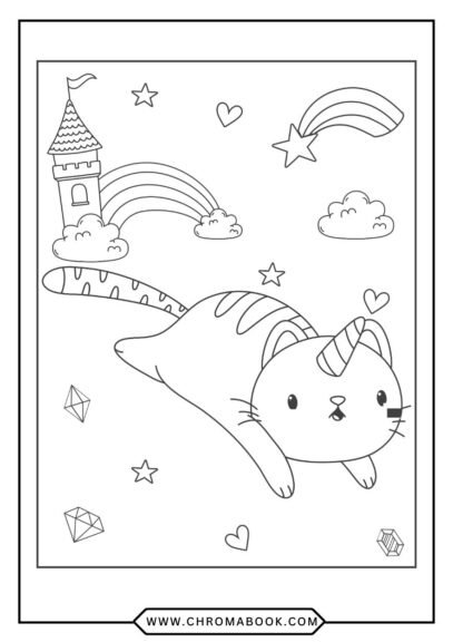 A whimsical kitten coloring page featuring playful kittens among flowers and butterflies, perfect for a free printable art activity.