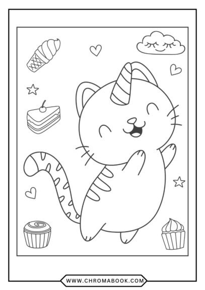A whimsical kitten surrounded by playful patterns and floral designs, perfect for a fun coloring page. Free printable for all ages!