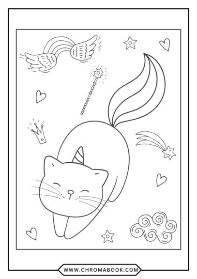 A cute kitten surrounded by whimsical floral patterns, perfect for a relaxing coloring page. Enjoy this free printable design!