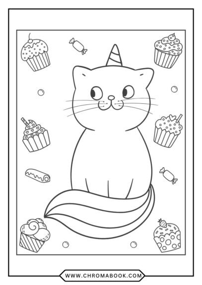 A playful kitten surrounded by whimsical floral patterns, perfect for a relaxing coloring page. Enjoy this free printable design!