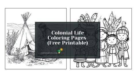 A detailed colonial life coloring page featuring traditional homes, farm animals, and historical figures, perfect for free printable fun!