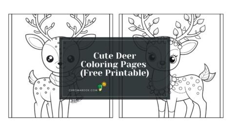 Adorable cartoon deer surrounded by whimsical trees and flowers, perfect for a relaxing coloring page. Free printable for creative fun!
